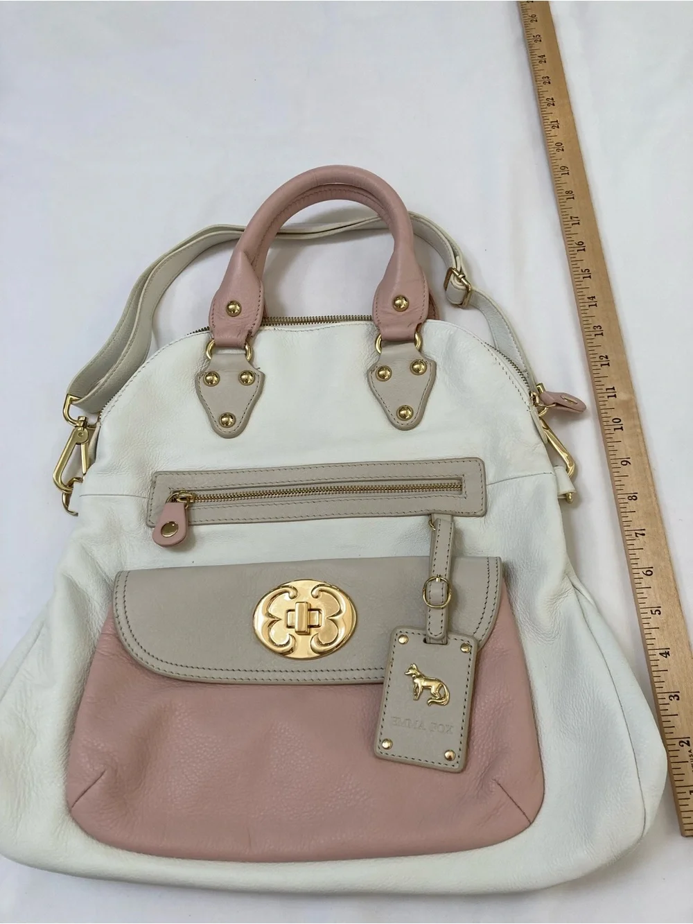 Emma Fox colorblock leather convertible foldover tote satchel in cream/pink